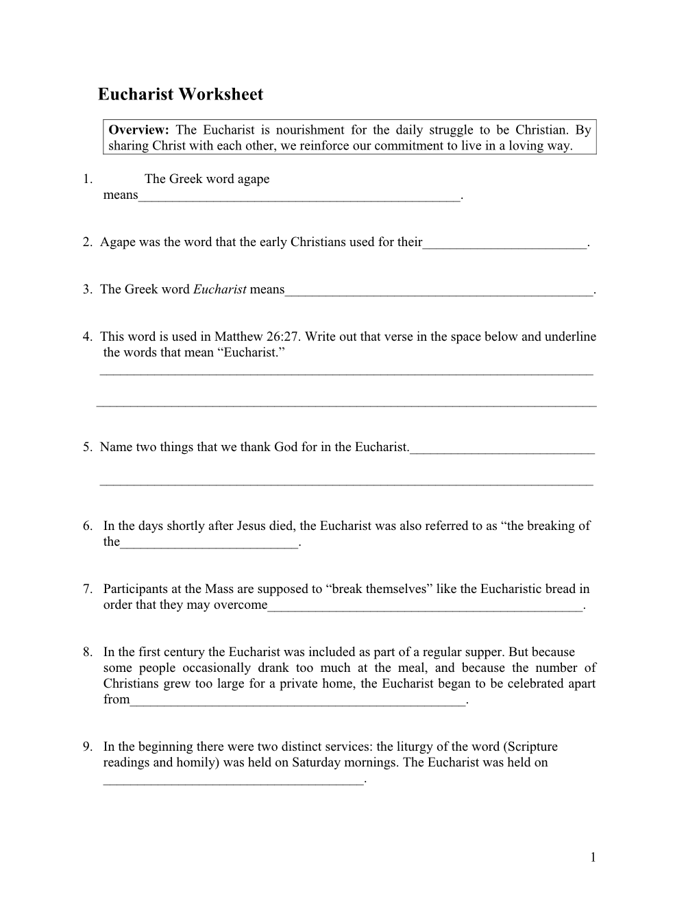 Eucharist Worksheet