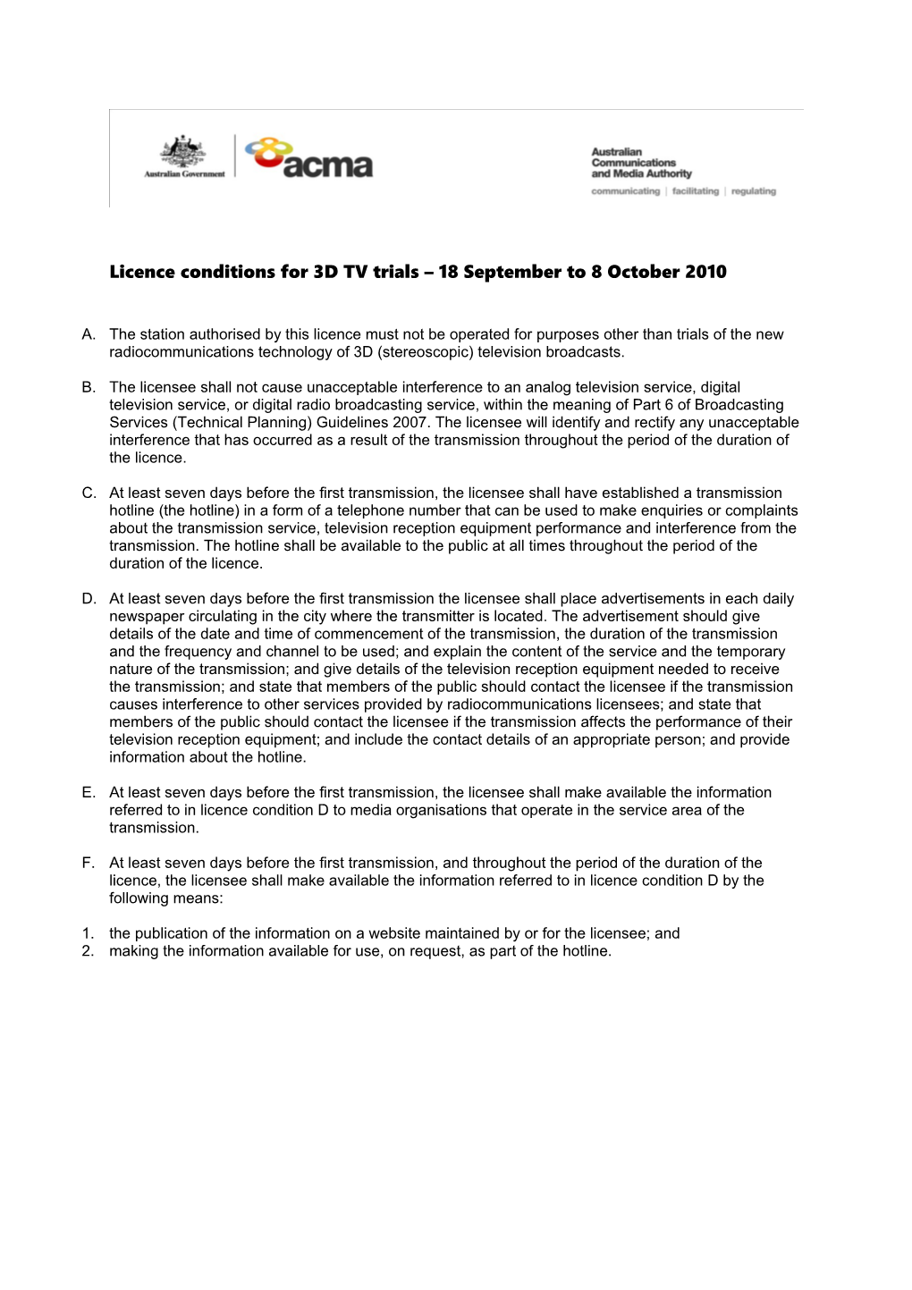 Licence Conditions for 3D TV Trials - 18 September to 8 October 2010