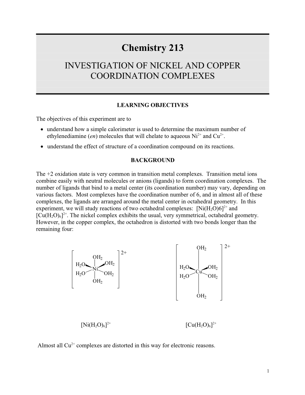 Expt #8: Investigation of Some Nickel and Copper Coordination Compounds