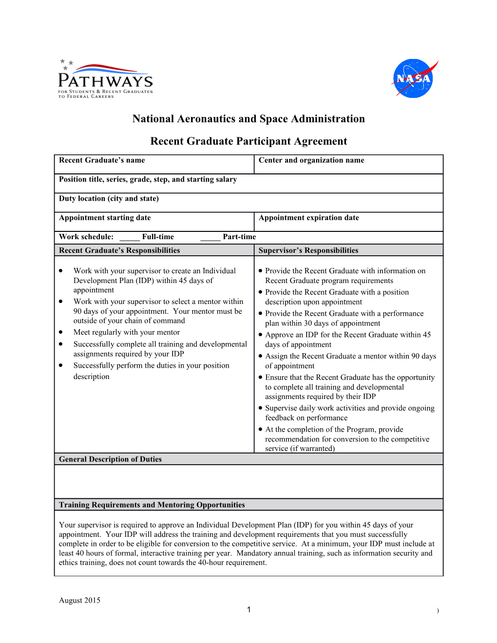NASA Recent Graduate Participant Agreement Template March 2015 Version