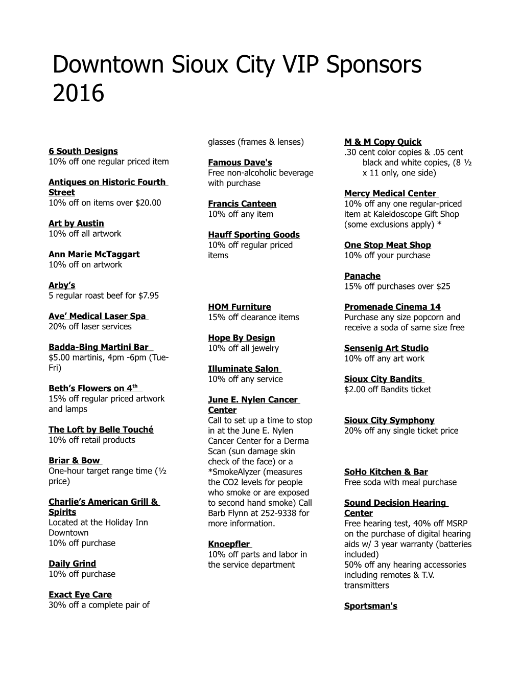 Downtown Sioux City VIP Sponsors 2016
