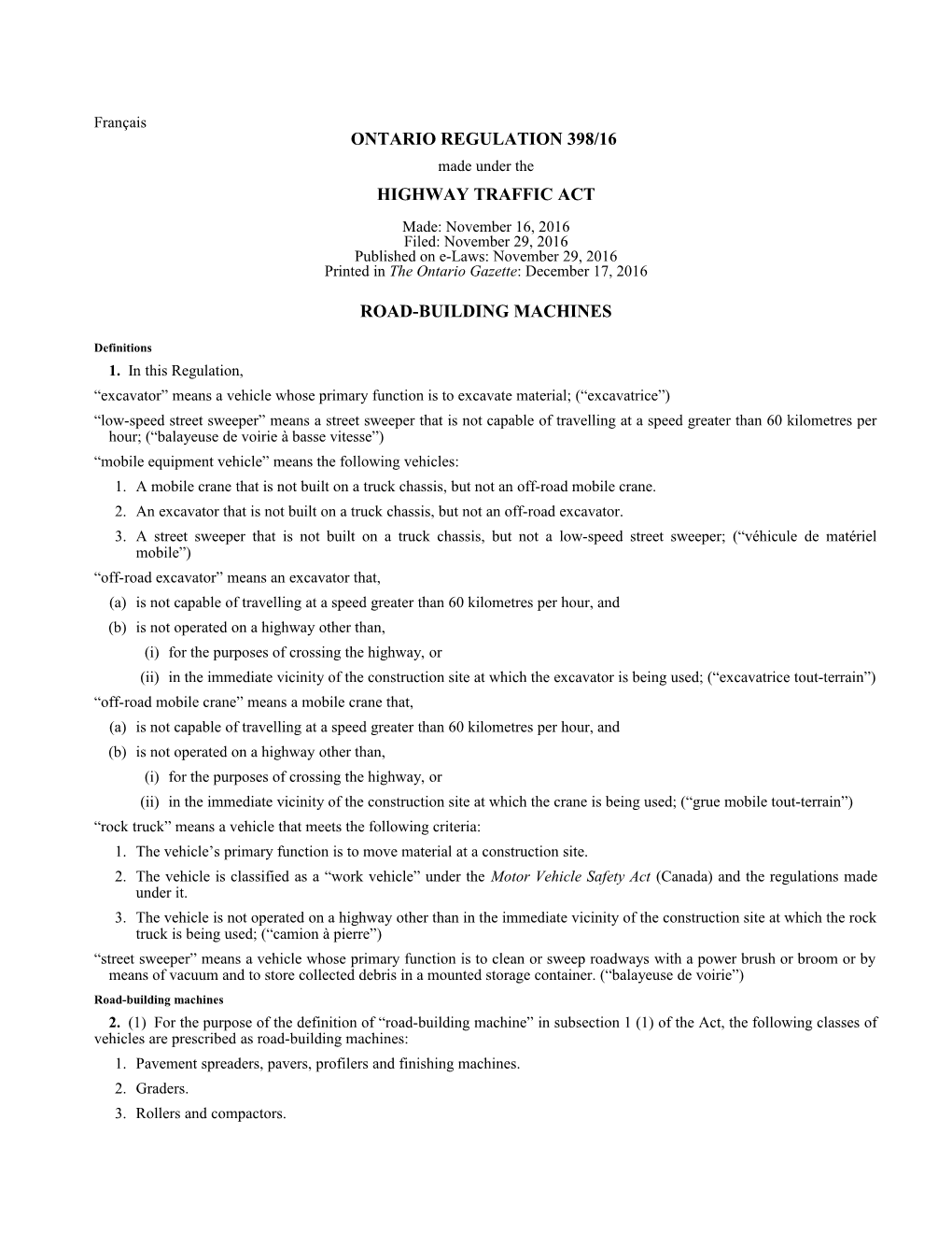 HIGHWAY TRAFFIC ACT - O. Reg. 398/16