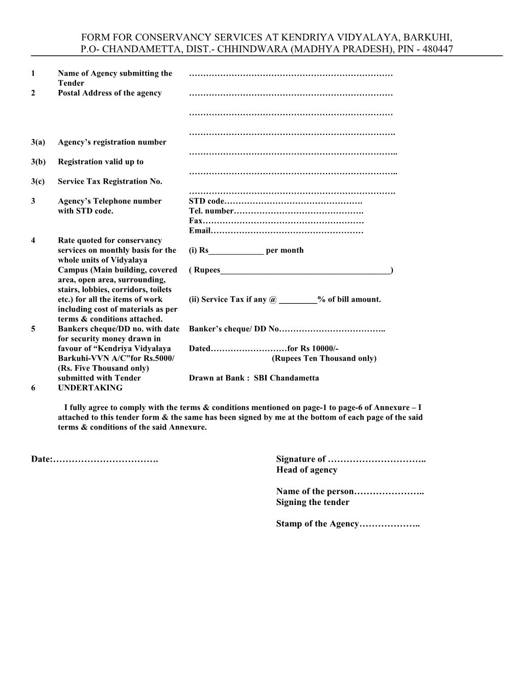 Form for Conservancy Services at Kendriya Vidyalaya, Barkuhi