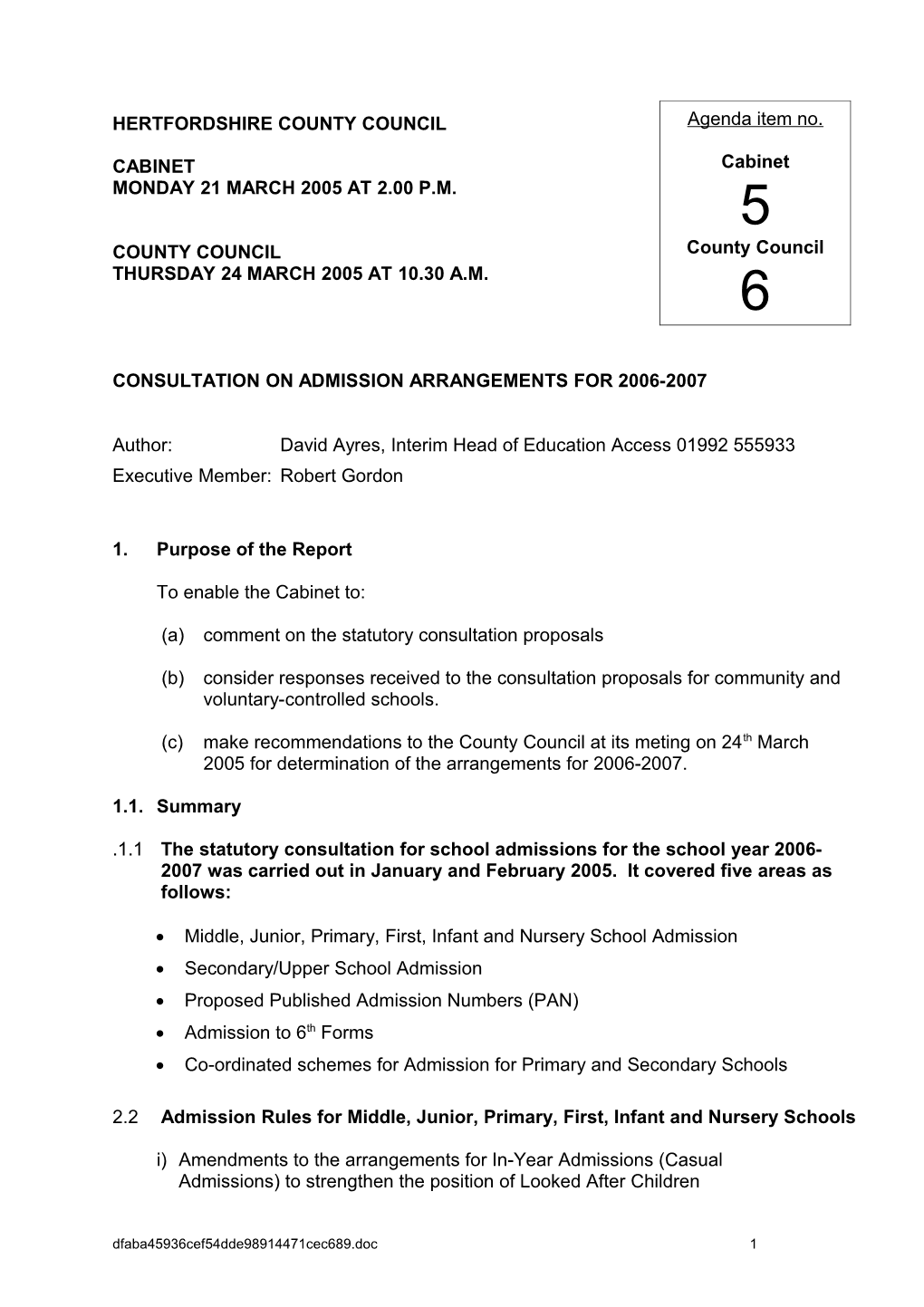 Consultation on Admission Arrangements for 2006-2007