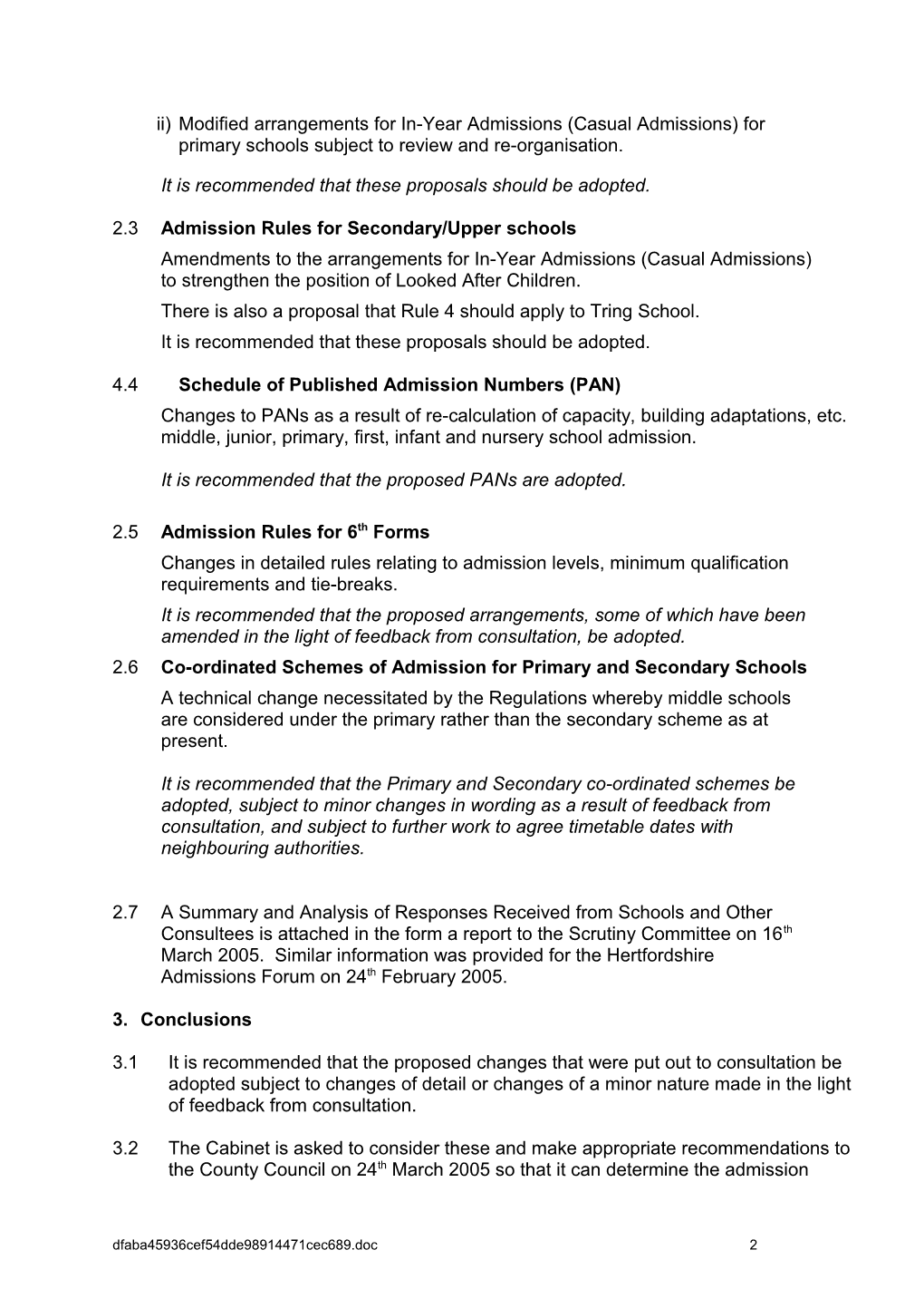 Consultation on Admission Arrangements for 2006-2007