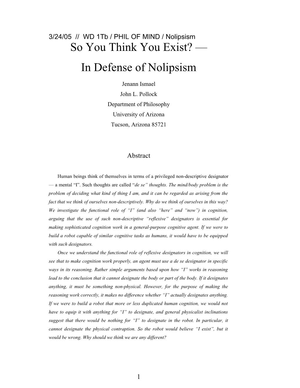 3/24/05 WD 1Tb / PHIL of MIND / Nolipsism