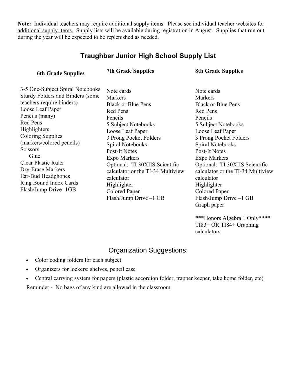 Traughber Junior High School Supply List