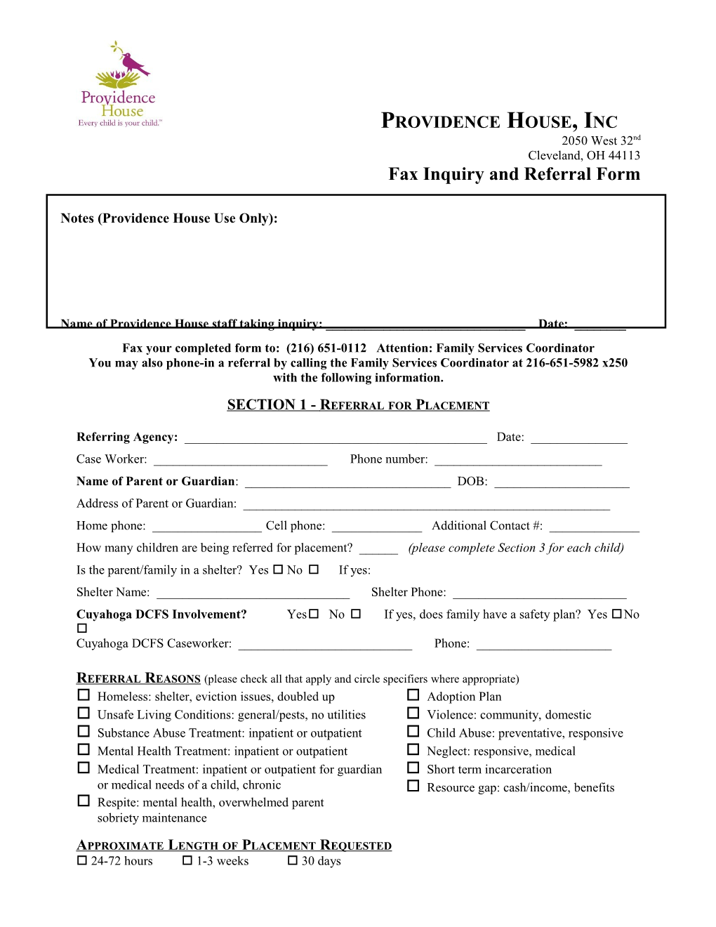Providence House, Fax Inquiry/Referral Form