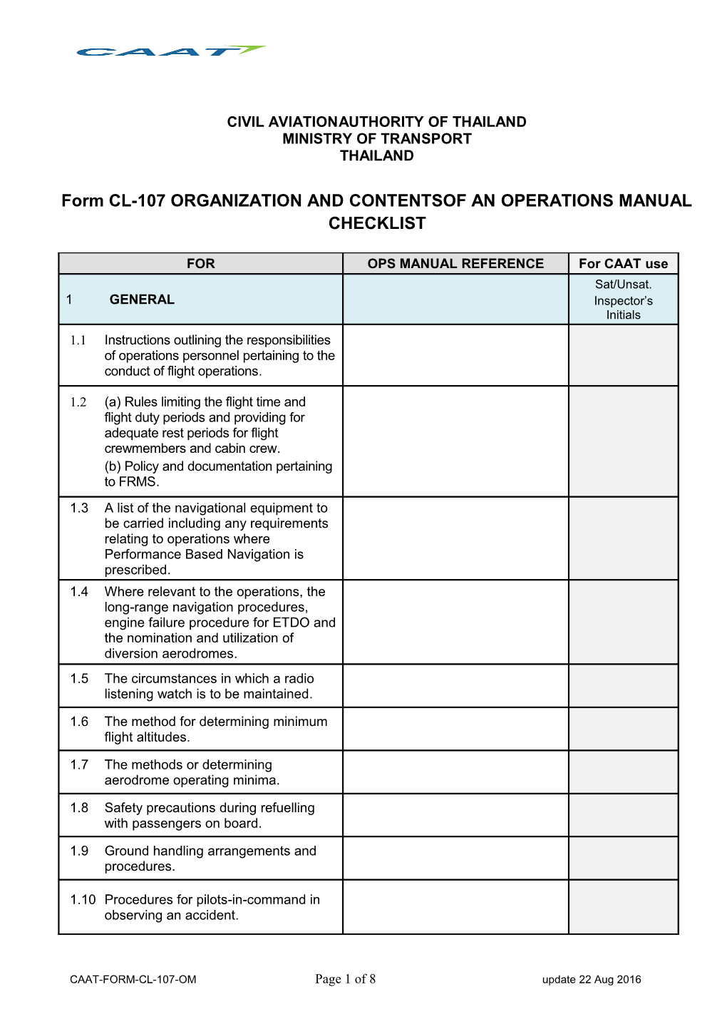 Form CL-107 ORGANIZATION and CONTENTSOF an OPERATIONS MANUAL CHECKLIST