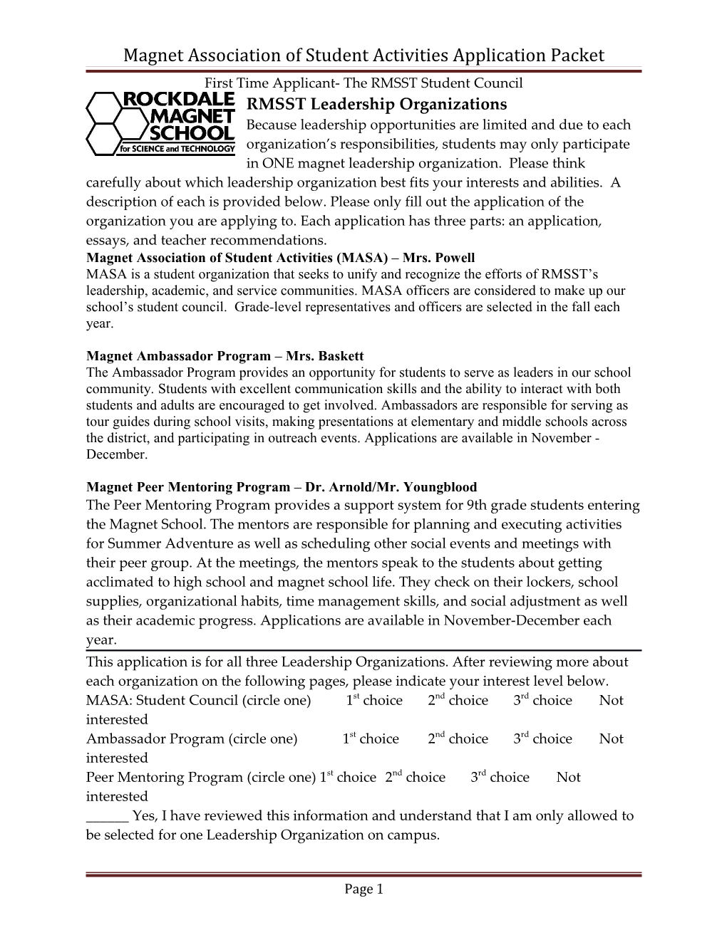 Magnet Association of Student Activities Application Packet