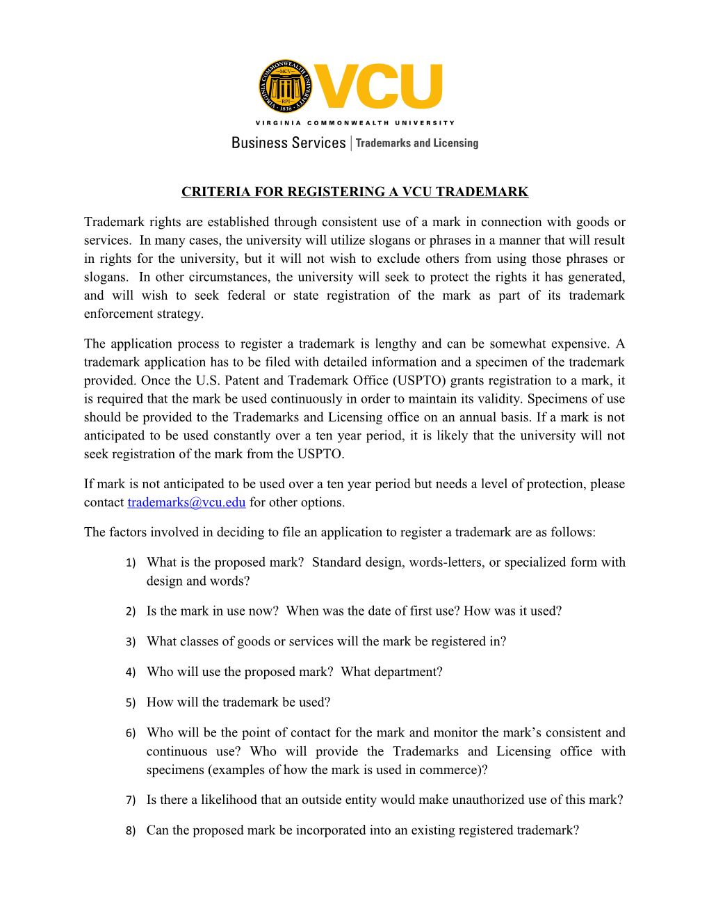 Criteria for Registering a Vcu Trademark