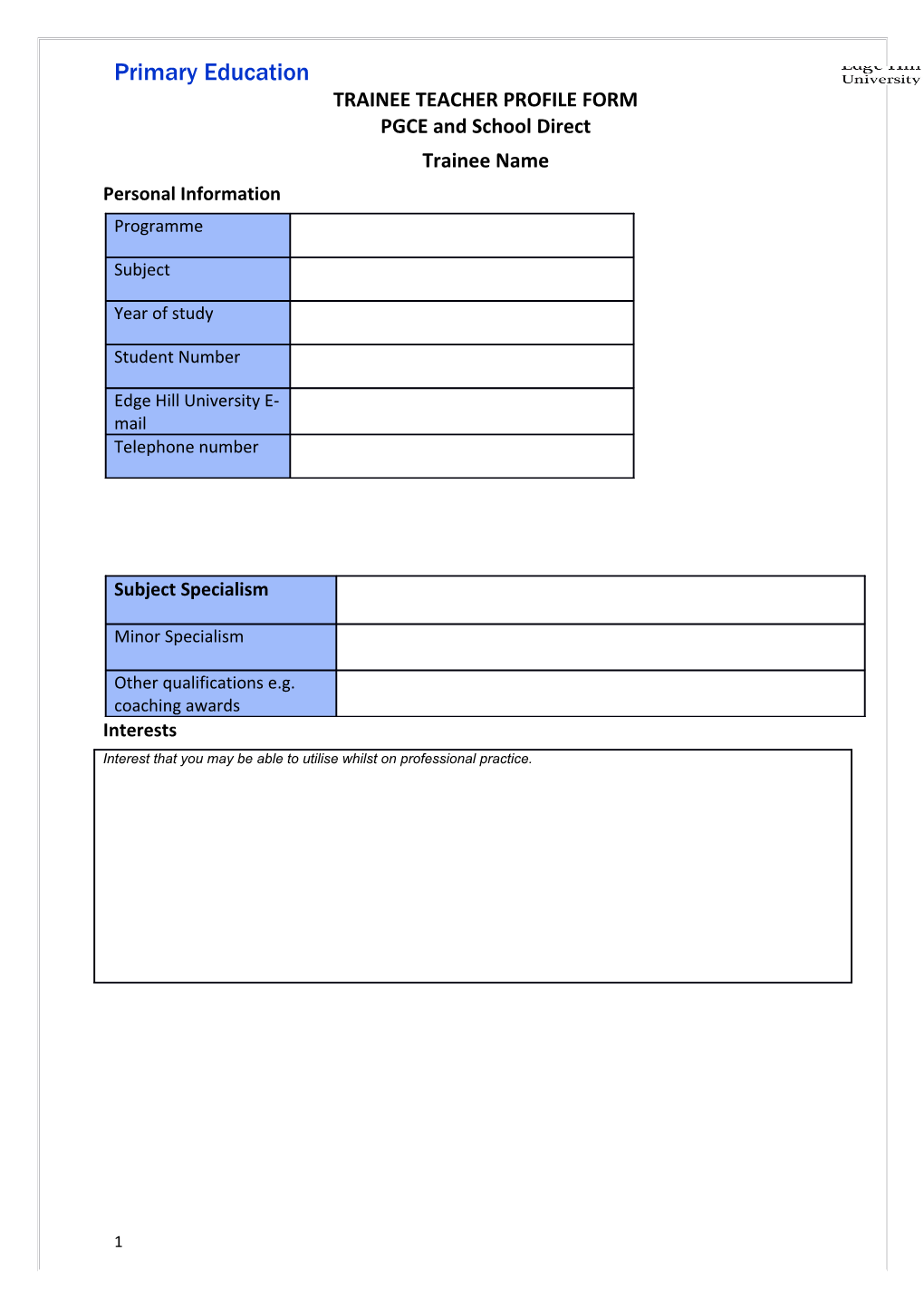 Trainee Teacher Profile Form
