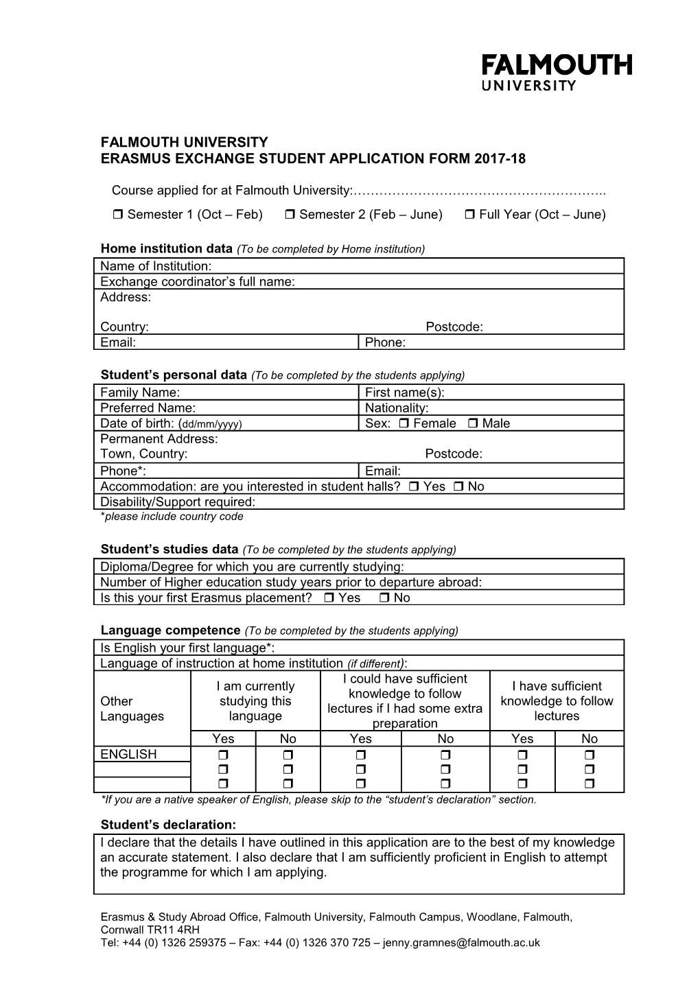 Erasmus Exchange Student Application Form 2017-18