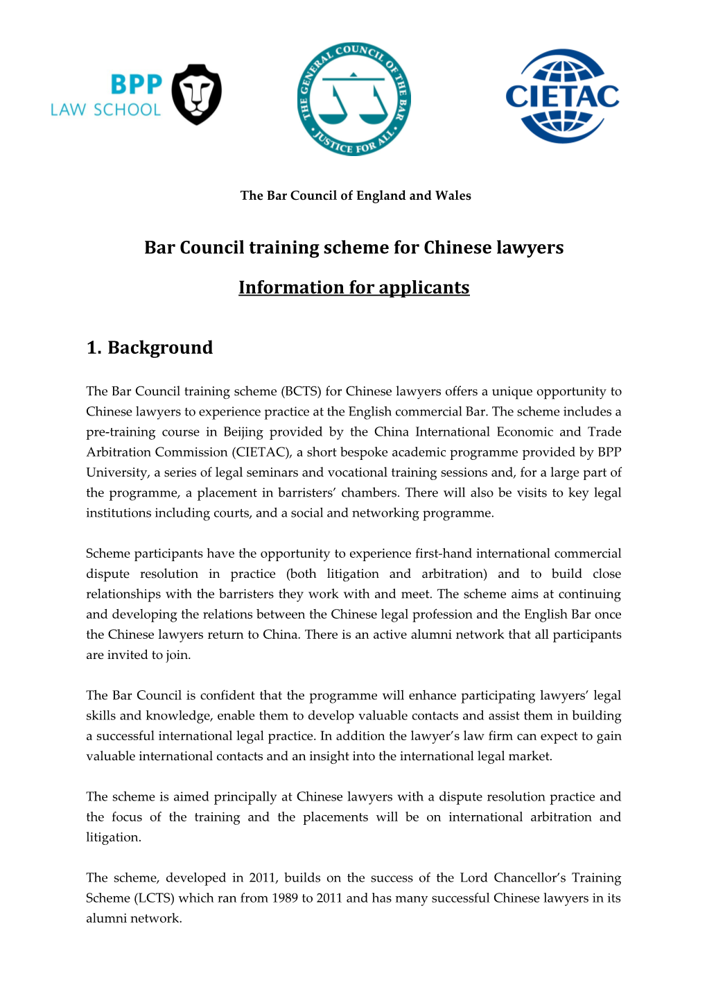 Bar Council Training Scheme for Chinese Lawyers
