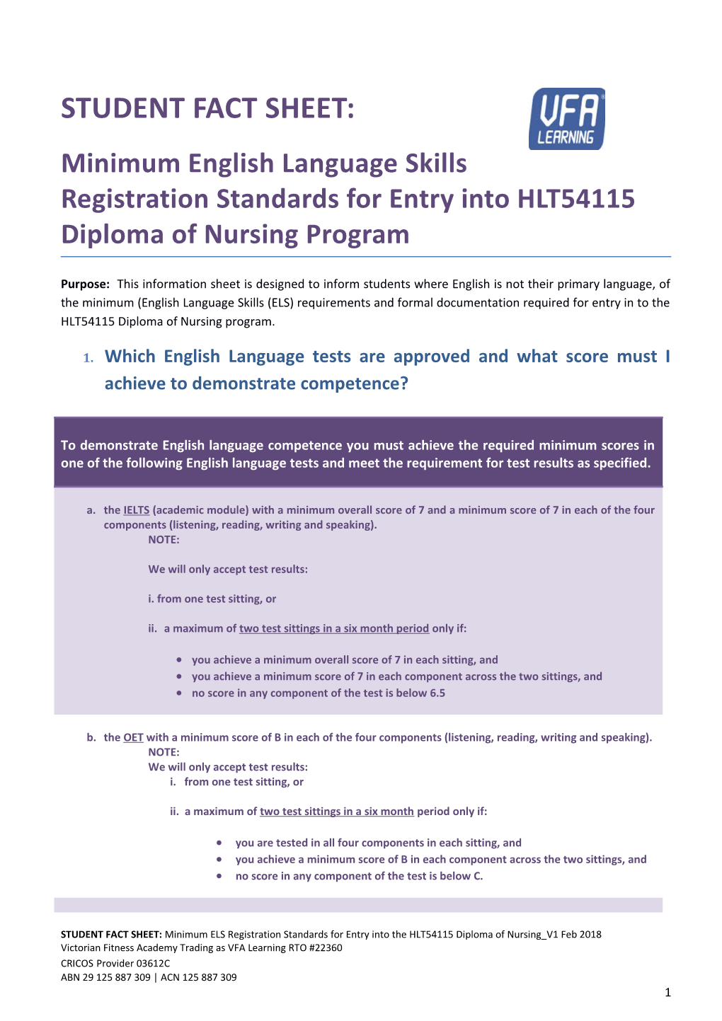 Minimum English Language Skills Registration Standards Forentry Intohlt54115 Diploma Of