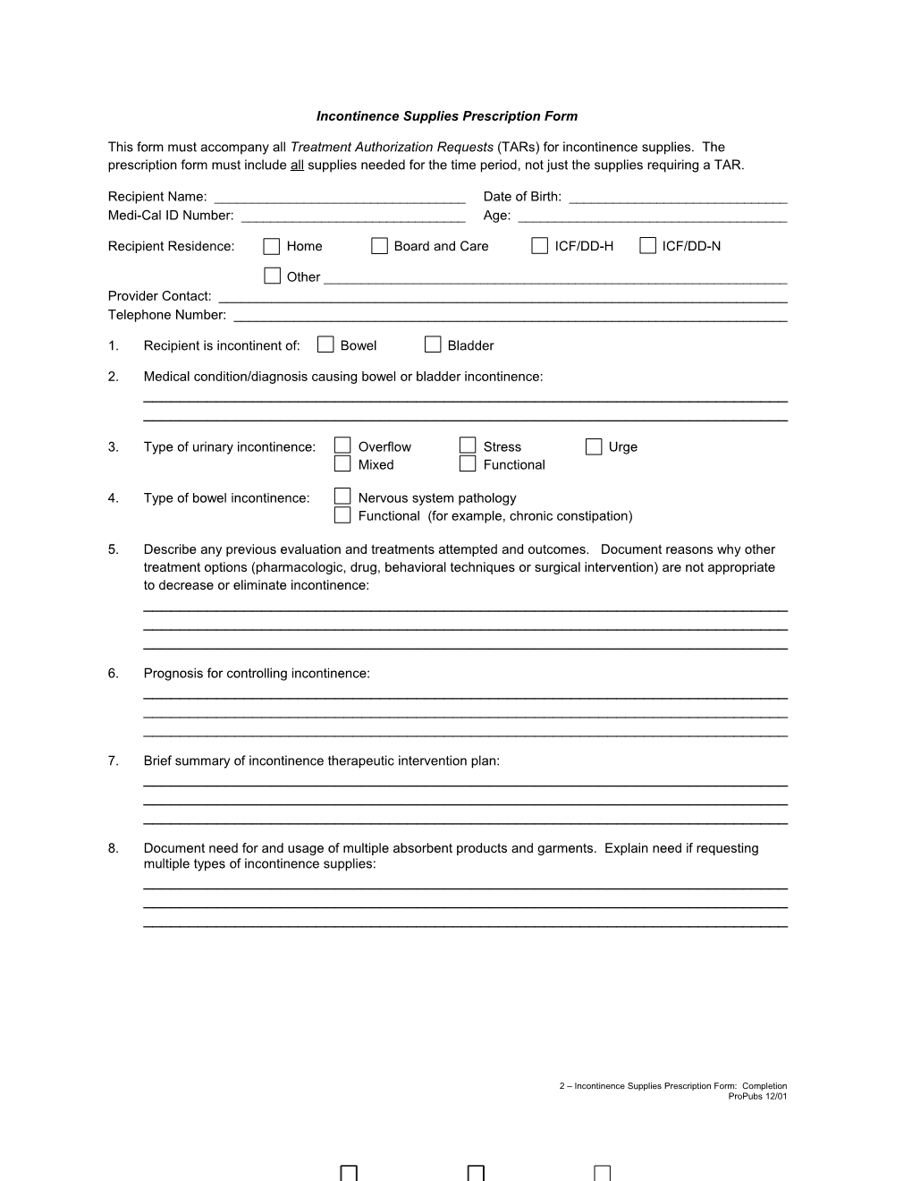 Form: Incontinence Supplies Prescription Form