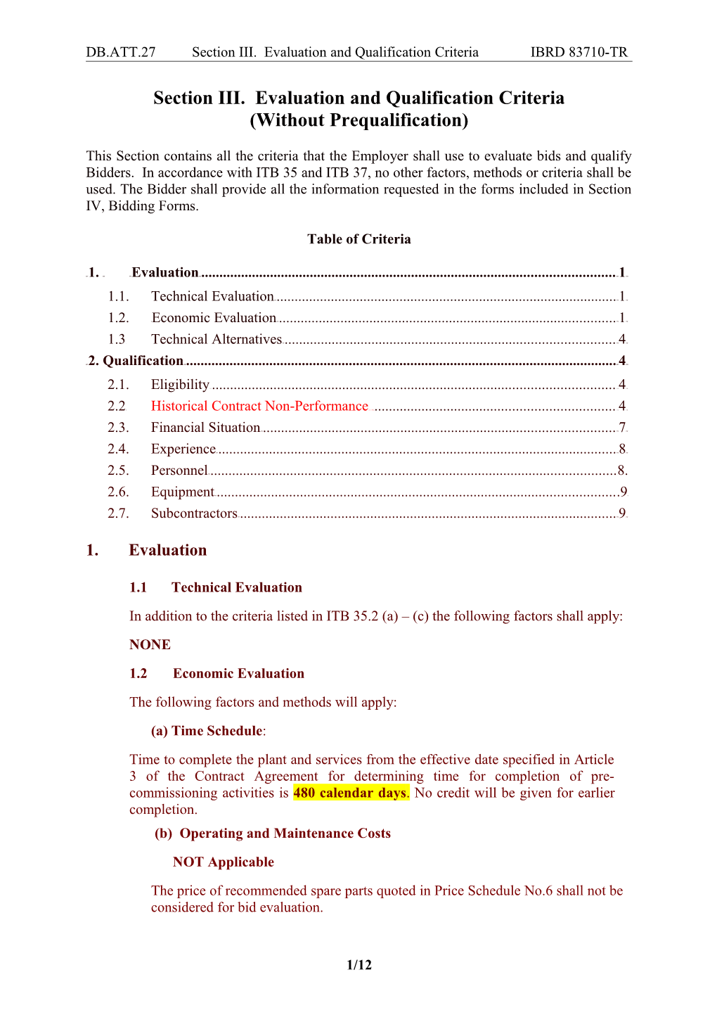 DB.ATT.27 Section III. Evaluation and Qualification Criteria IBRD 83710-TR