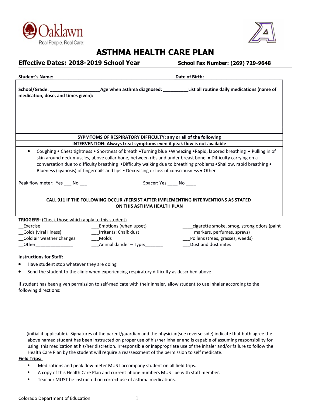 Asthma Health Care Plan