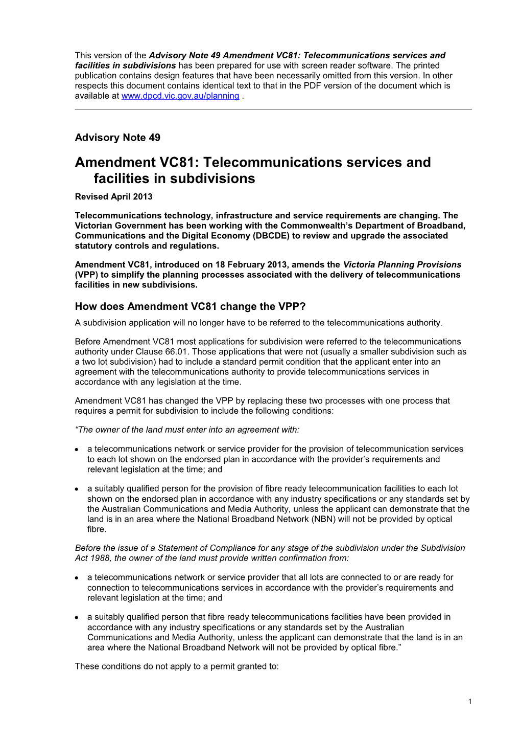 Advisory Note 49 Amendment VC81: Telecommunications Services and Facilities in Subdivisions