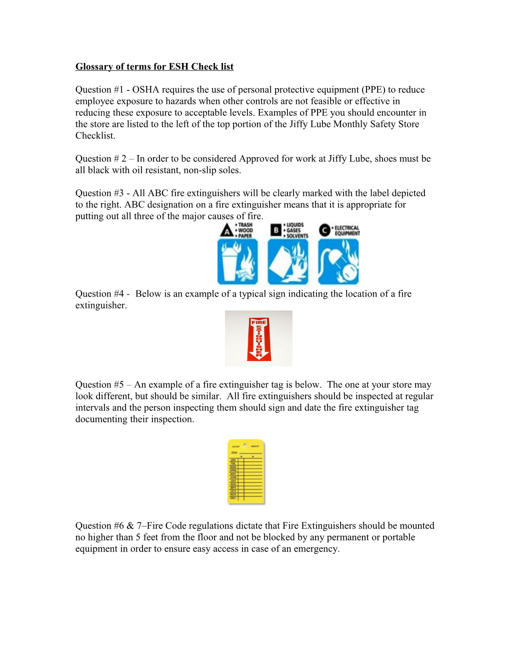 Glossary of Terms for ESH Check List