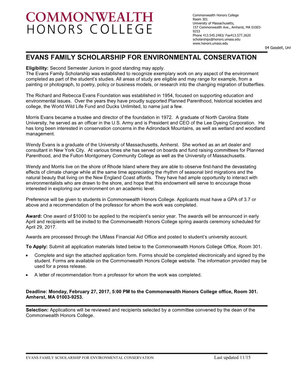 Evans Family Scholarship for Environmental Conservation