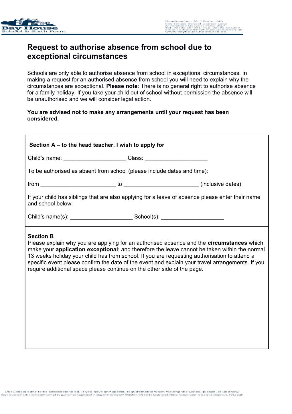 Request to Authorise Absence from School Due to Exceptional Circumstances