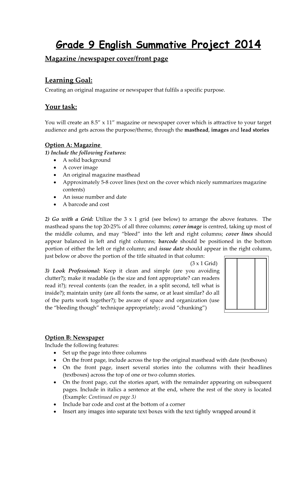 Grade 9 English Summative Project 2014