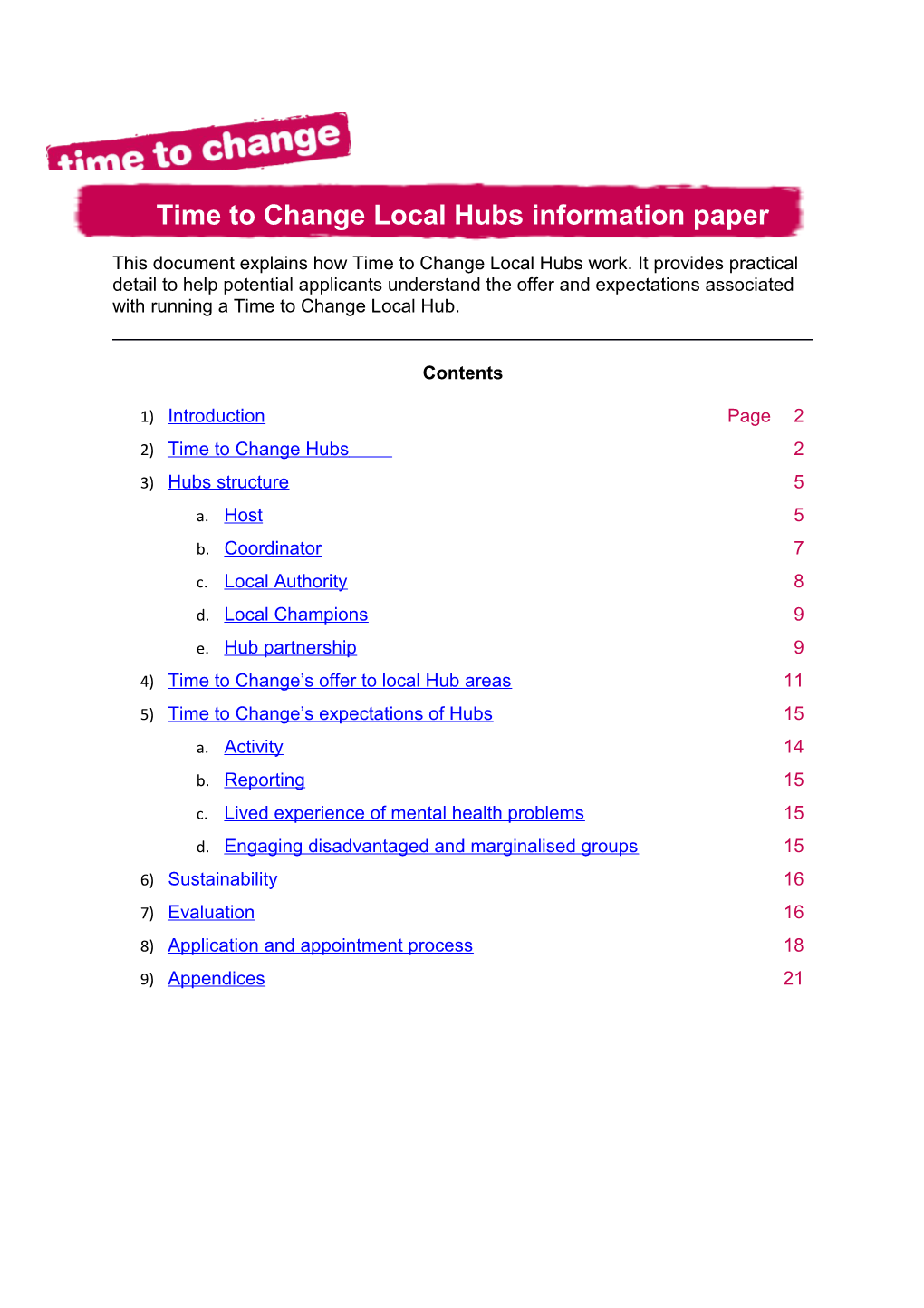 Time to Change Local Hubs Information Paper