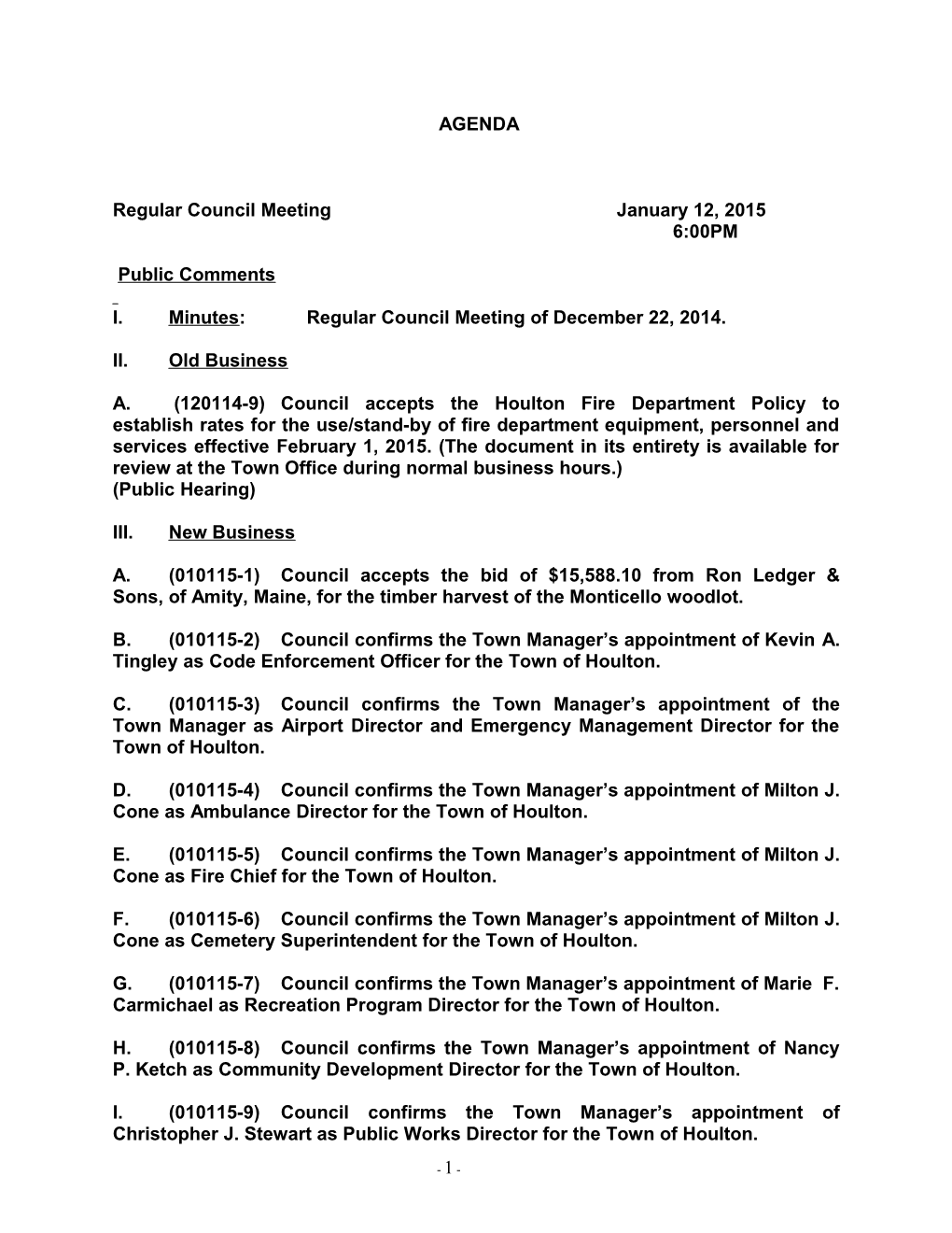 Regular Council Meeting January 12, 2015