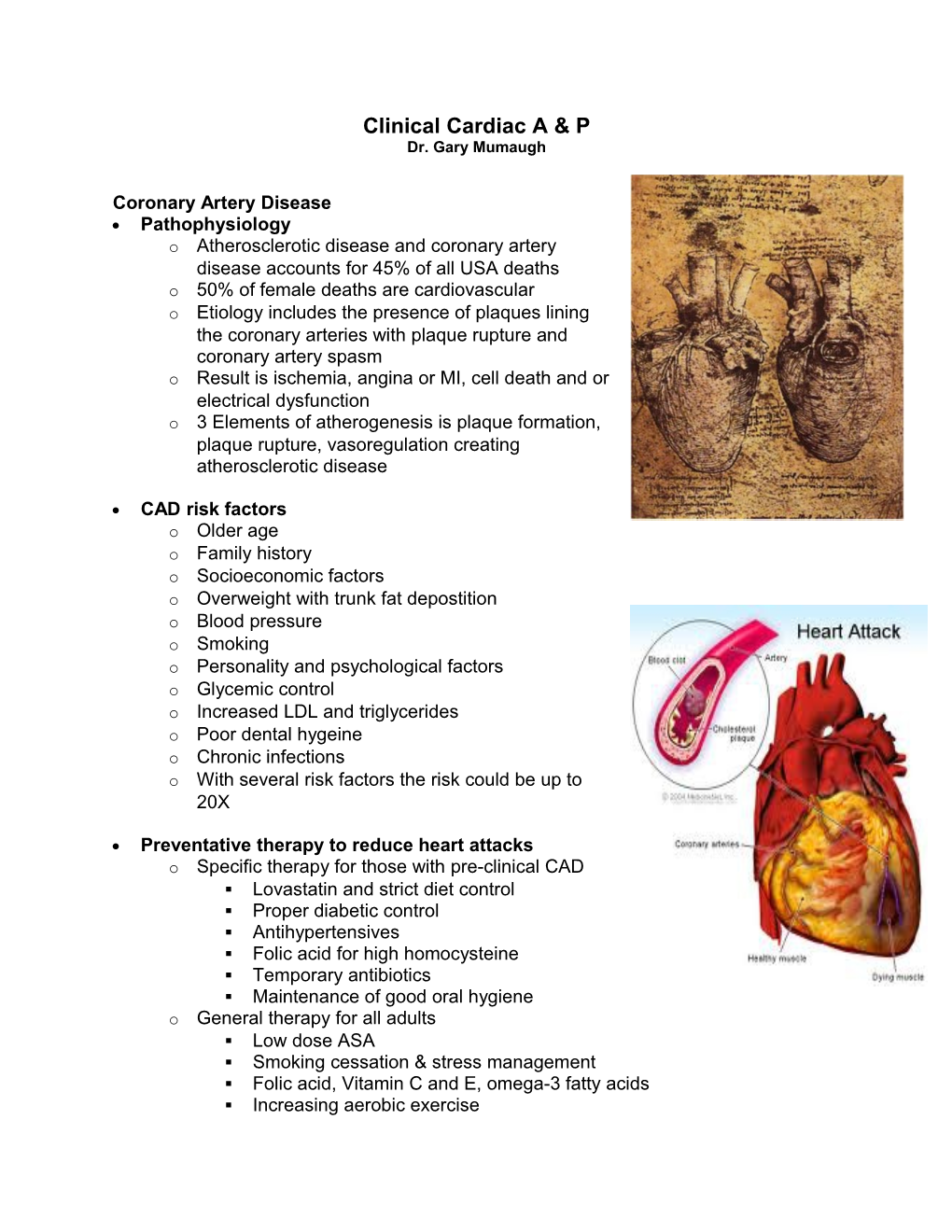 Clinical Cardiac a & P Dr. Gary Mumaugh