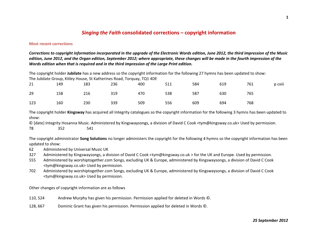 Singing the Faith Consolidated Corrections Copyright Information