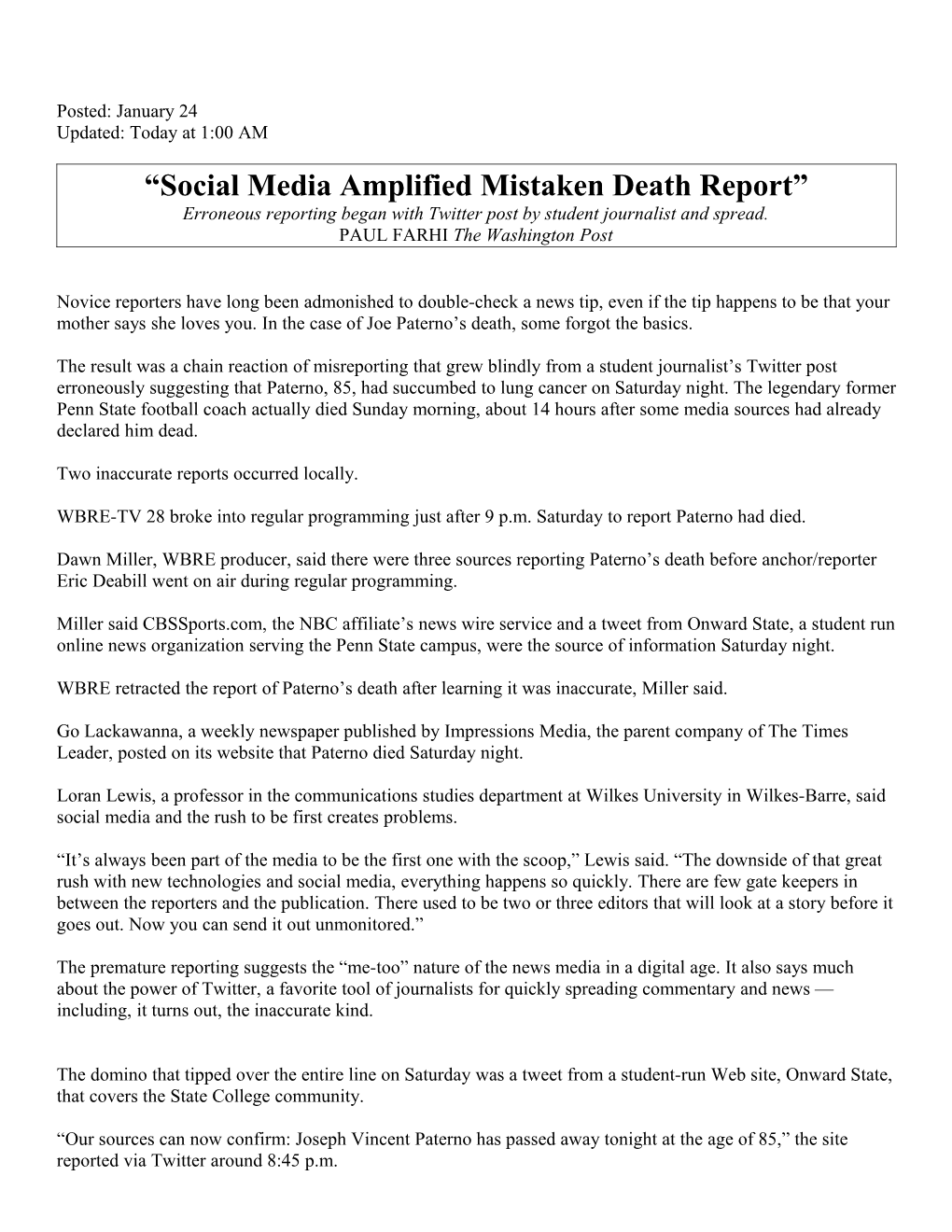 Social Media Amplified Mistaken Death Report