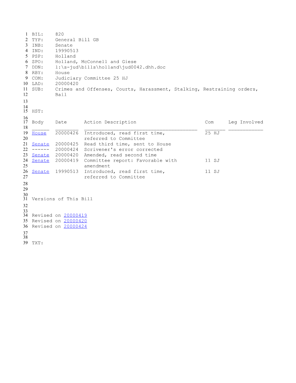 1999-2000 Bill 820: Crimes and Offenses, Courts, Harassment, Stalking, Restraining Orders