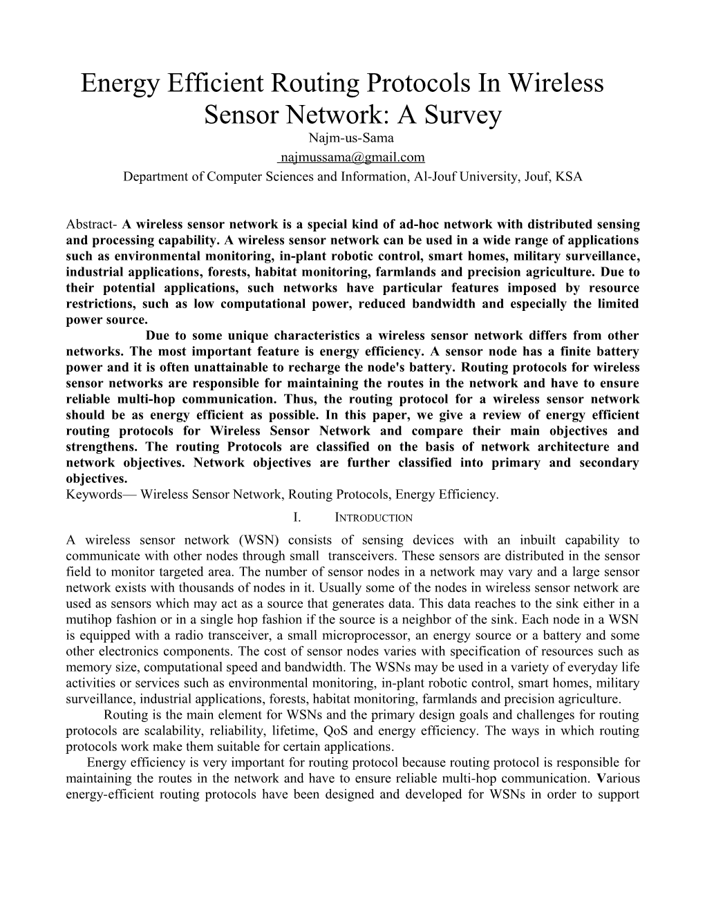 Energy Efficient Routing Protocols in Wireless Sensor Network: a Survey