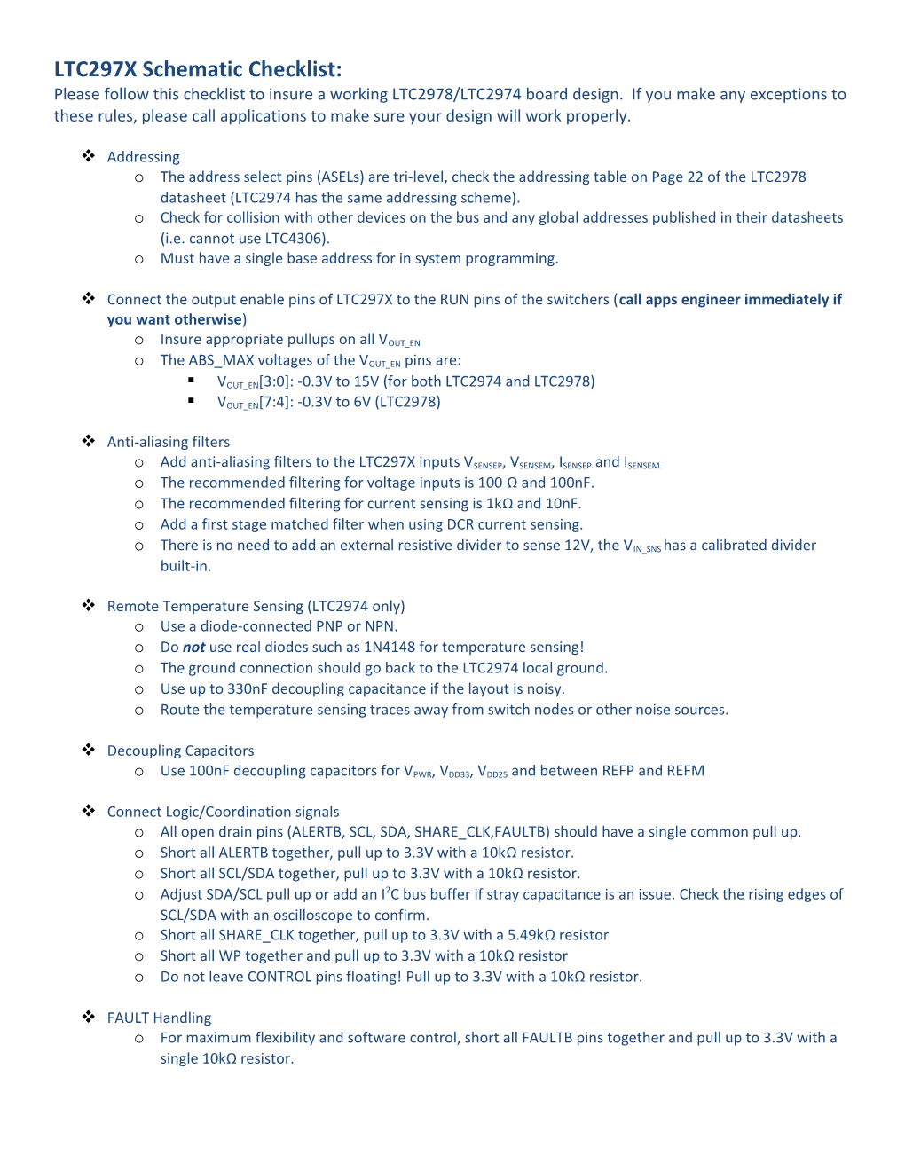 Please Follow This Checklist to Insure a Working LTC2978/LTC2974 Board Design. If You Make