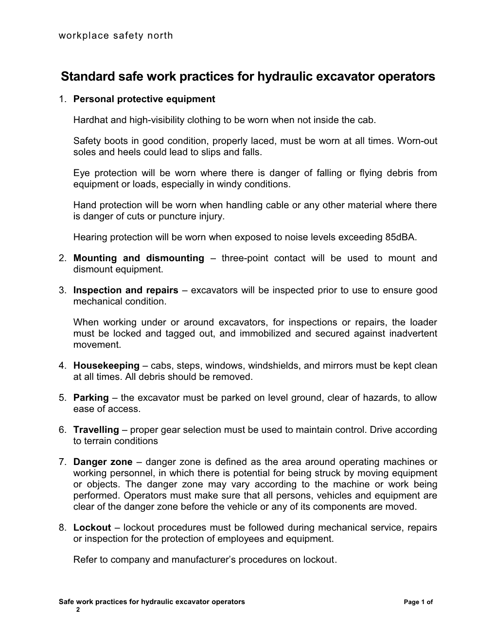 Standard Safe Work Practices for Hydraulic Excavator Operators