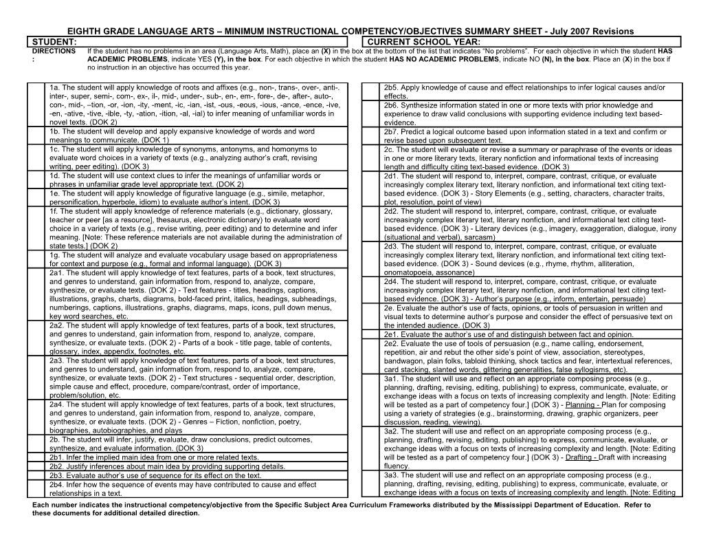 Eighth Grade Language Arts Minimum Instructional Competency/Objectives Summary Sheet