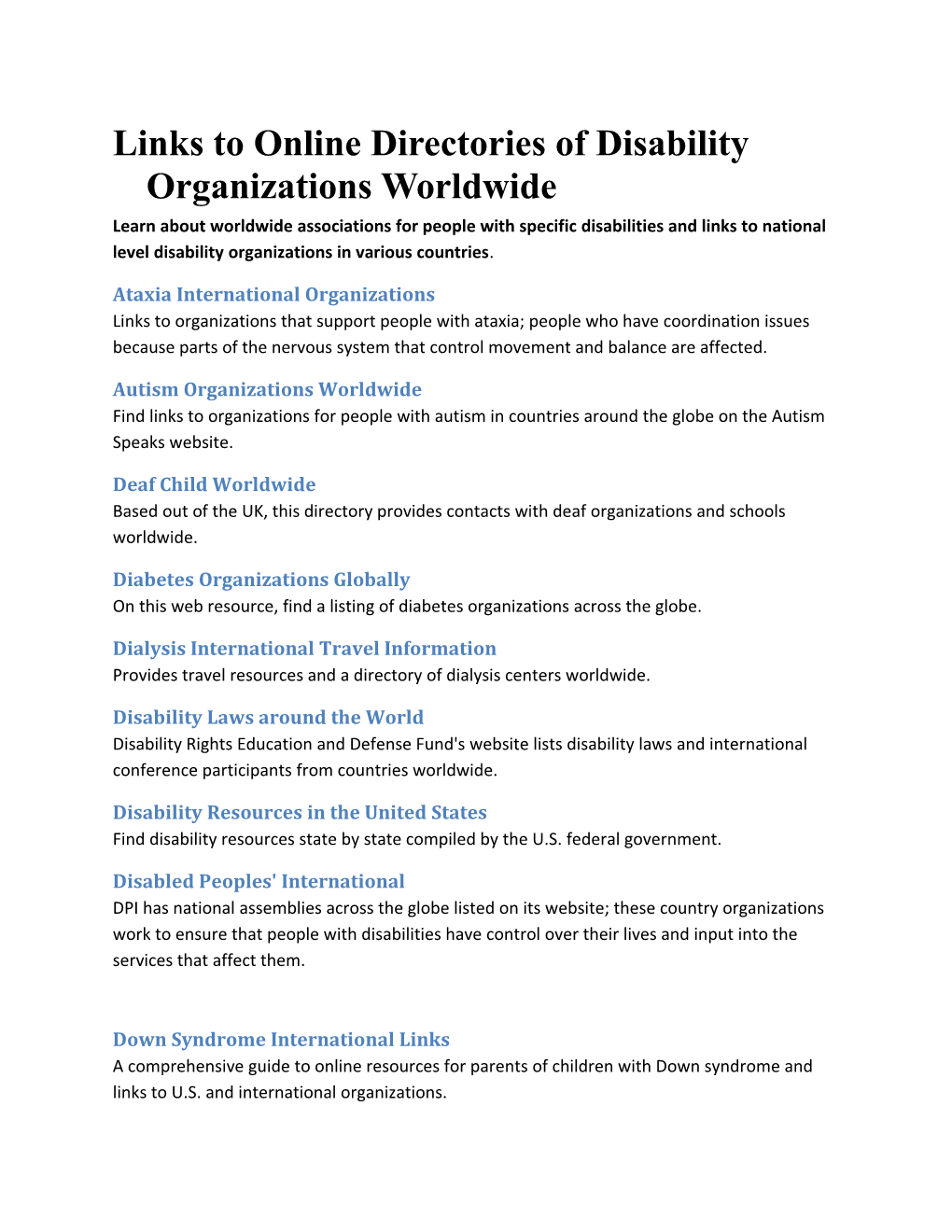 Links to Online Directories of Disability Organizations Worldwide