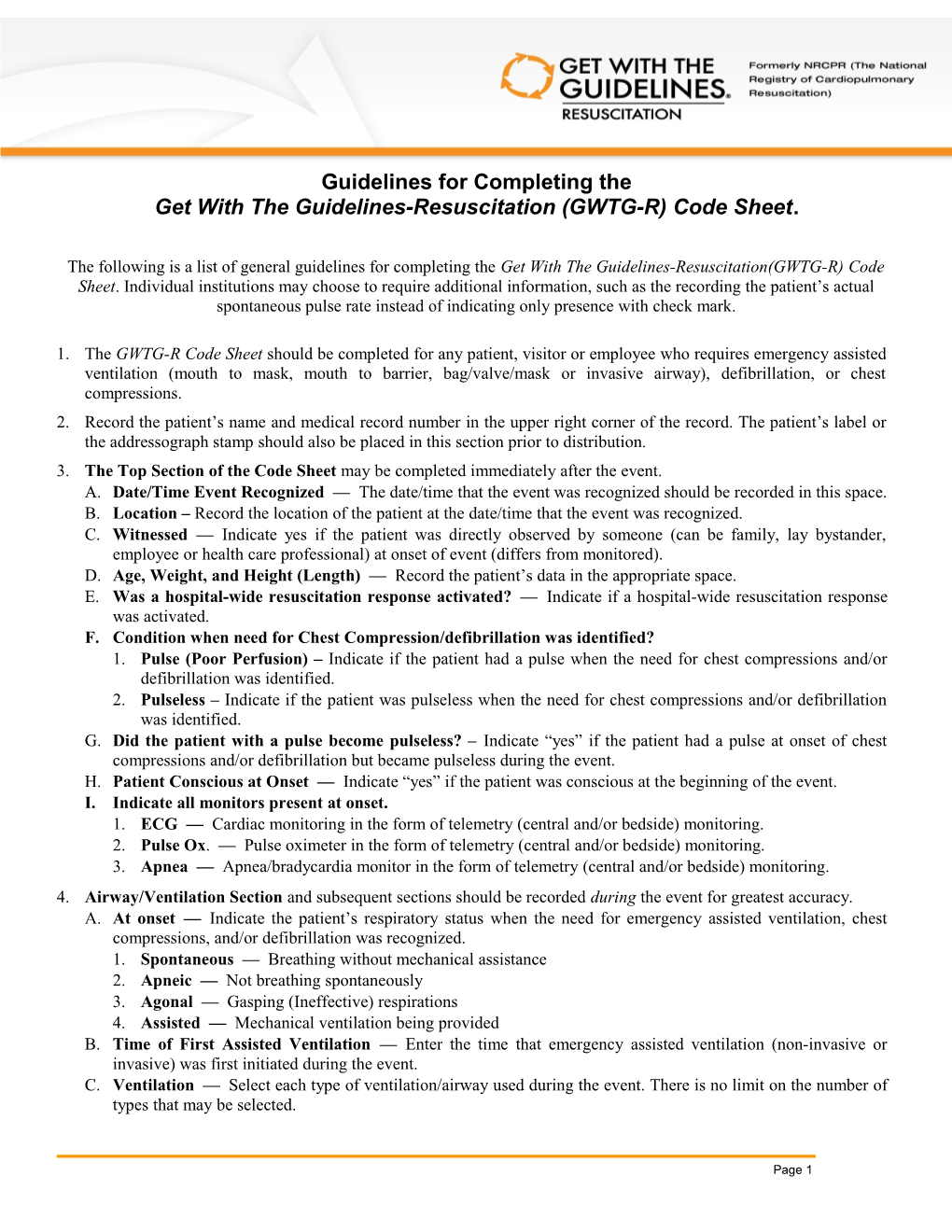 Guidelines for Completing the National Registry for Cardiopulmonary Resuscitation (NRCPR)