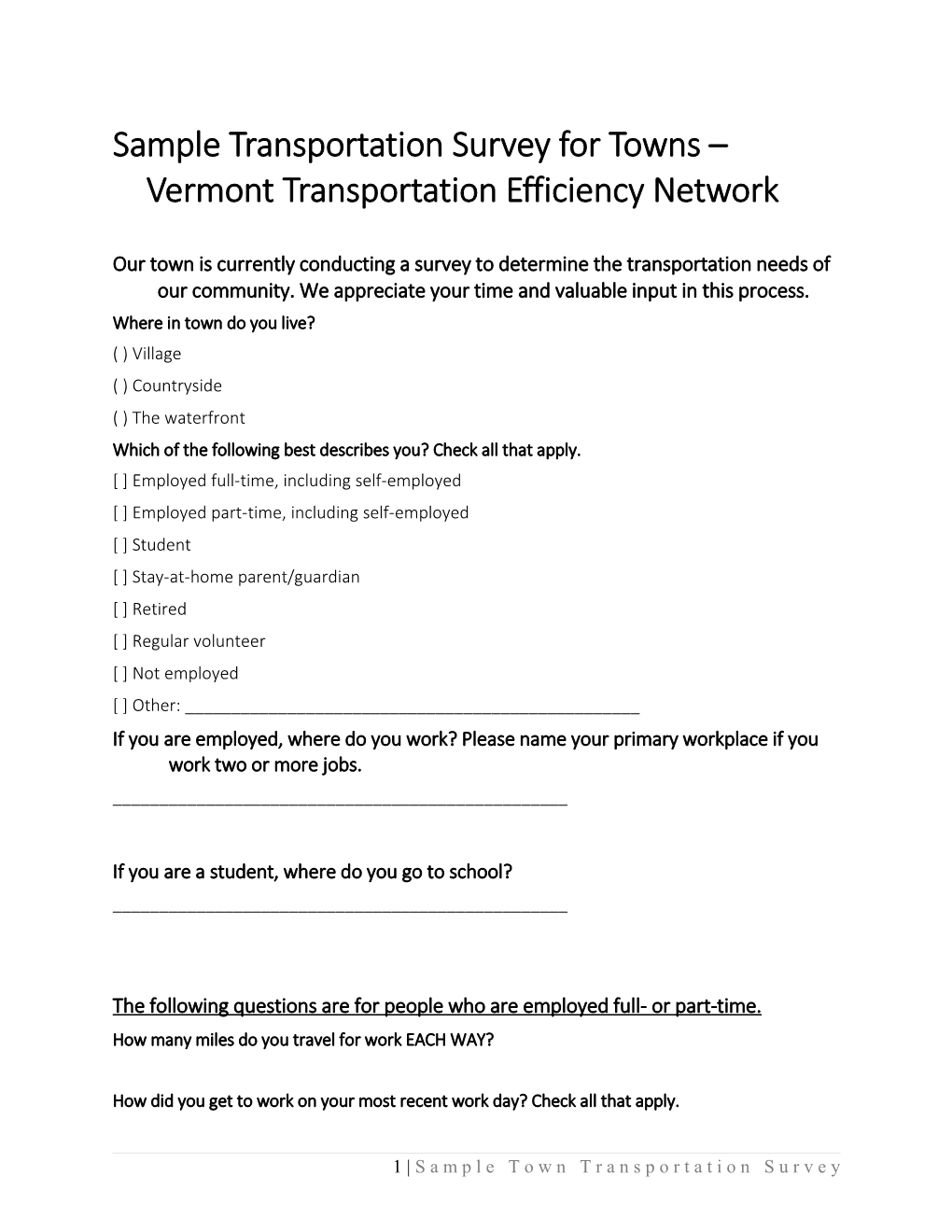 Sample Transportation Survey for Towns Vermont Transportation Efficiency Network