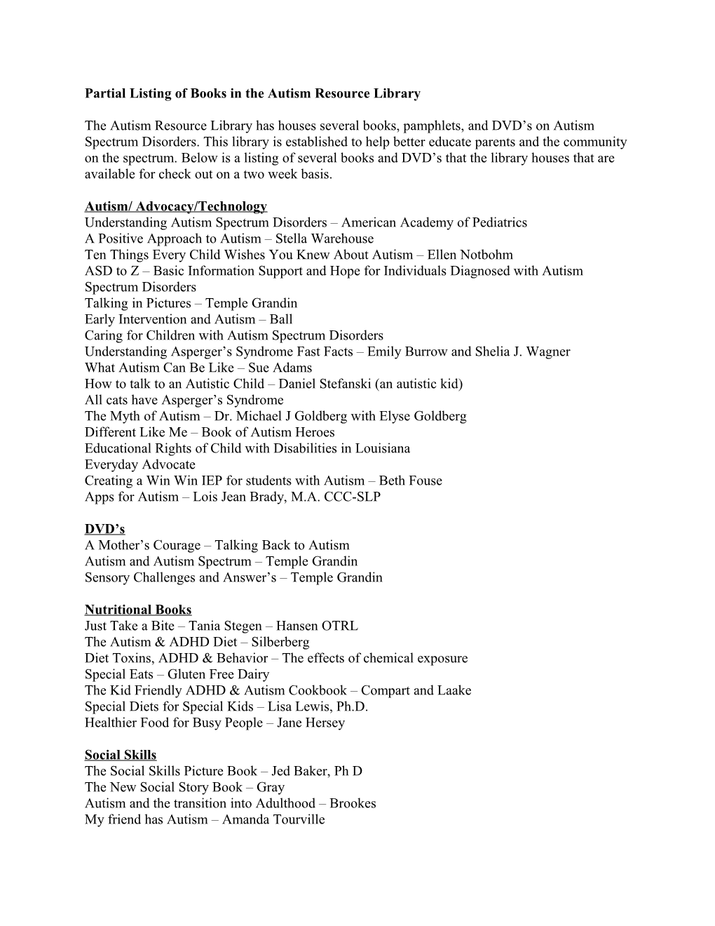 Partial Listing of Books in the Autism Resource Library