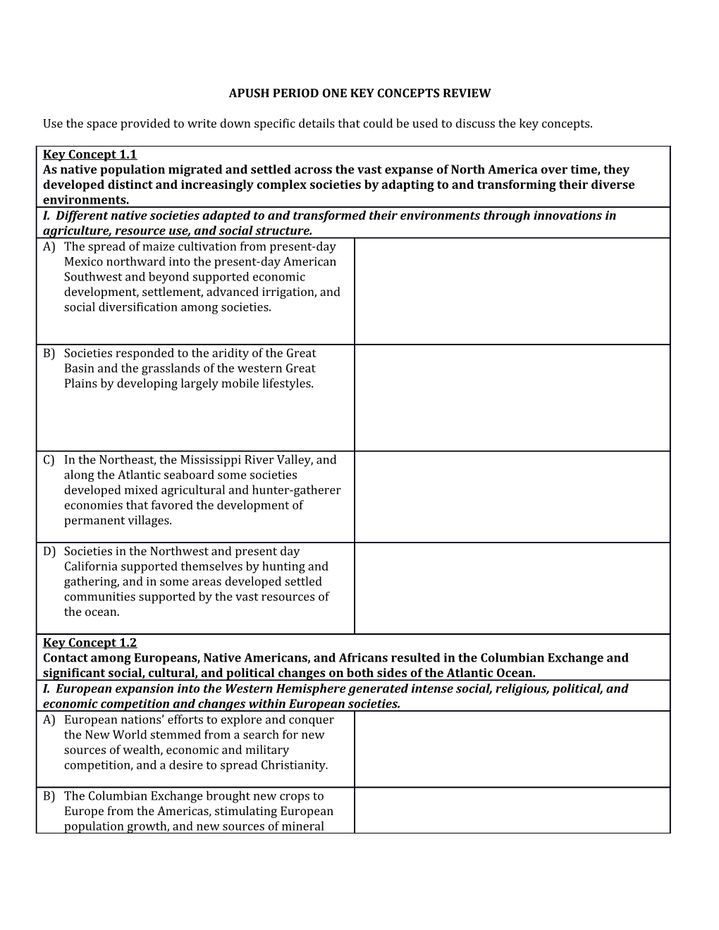 Apush Period One Key Concepts Review