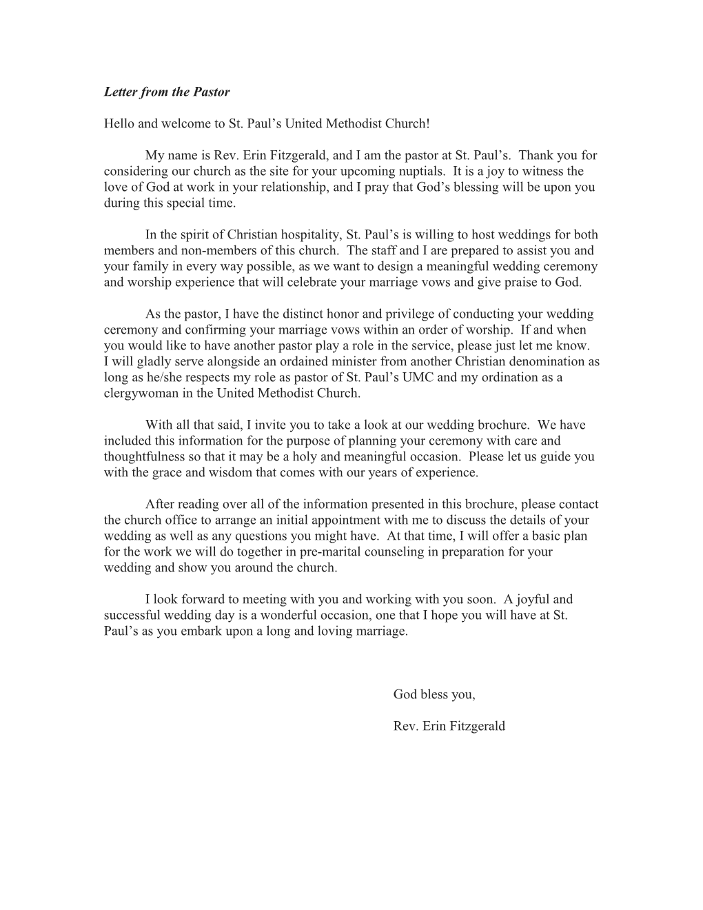 Letter from the Pastor