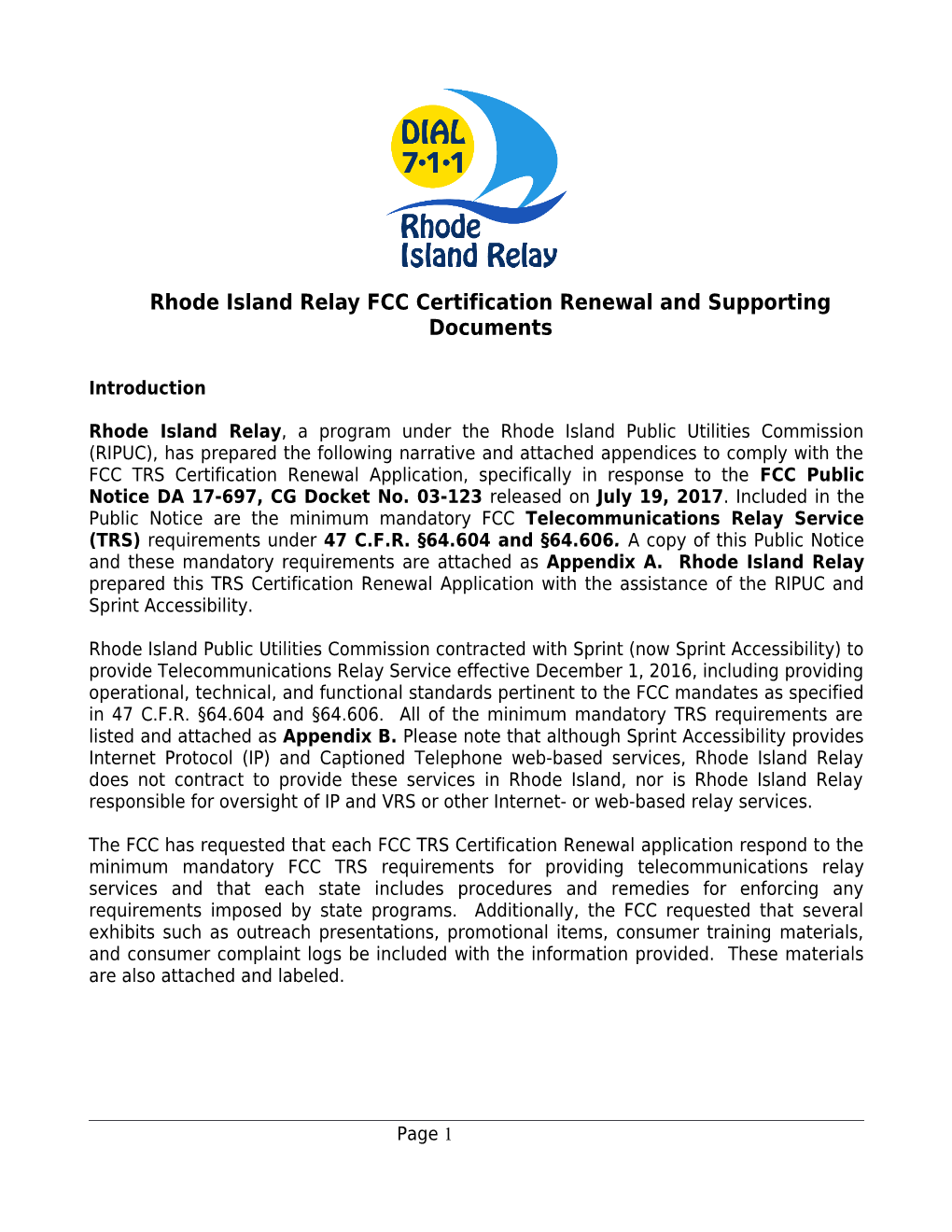 Rhode Island Relayfcc Certification Renewal and Supporting Documents
