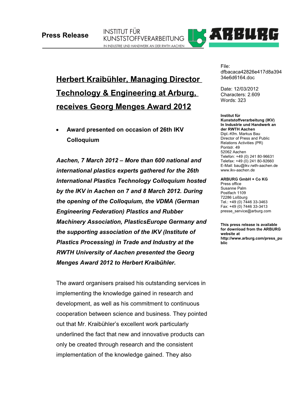 Herbert Kraibühler, Managing Director Technology & Engineering at Arburg, Receives Georg