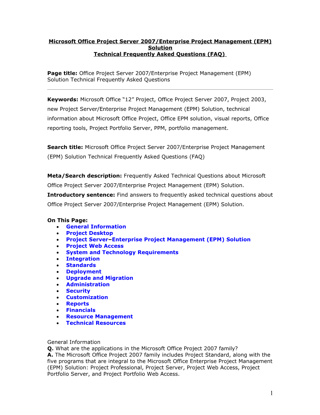 Microsoft Office Project Server 2007/Enterprise Project Management (EPM) Solution