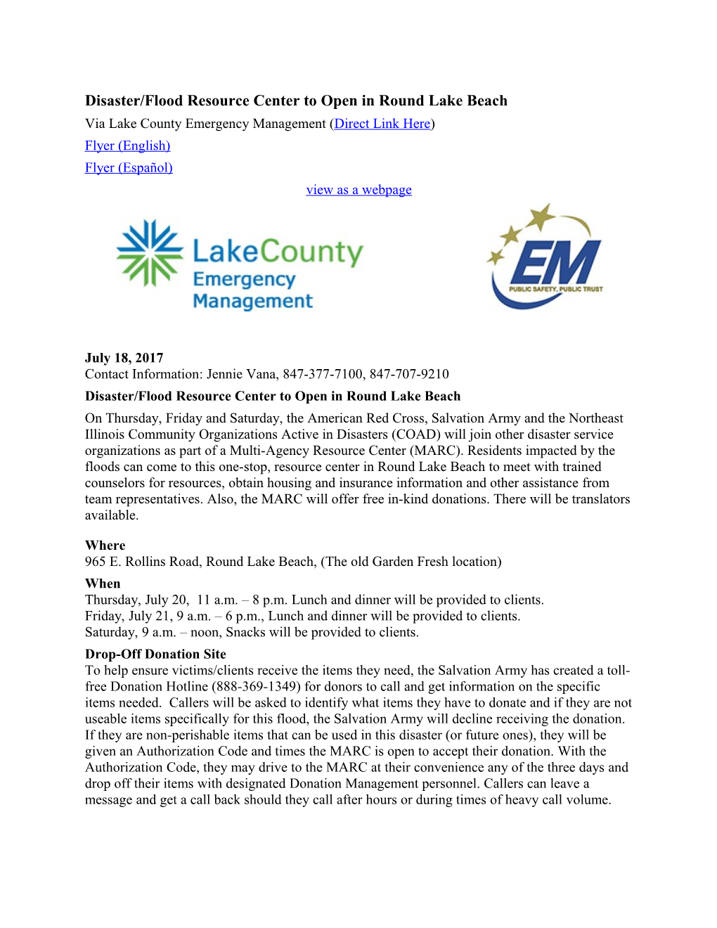Disaster/Flood Resource Center to Open in Round Lake Beach