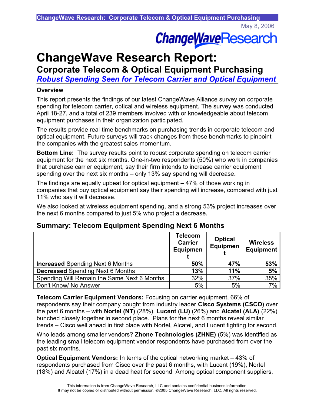 Changewave Research: Corporate Telecom & Optical Equipment Purchasing