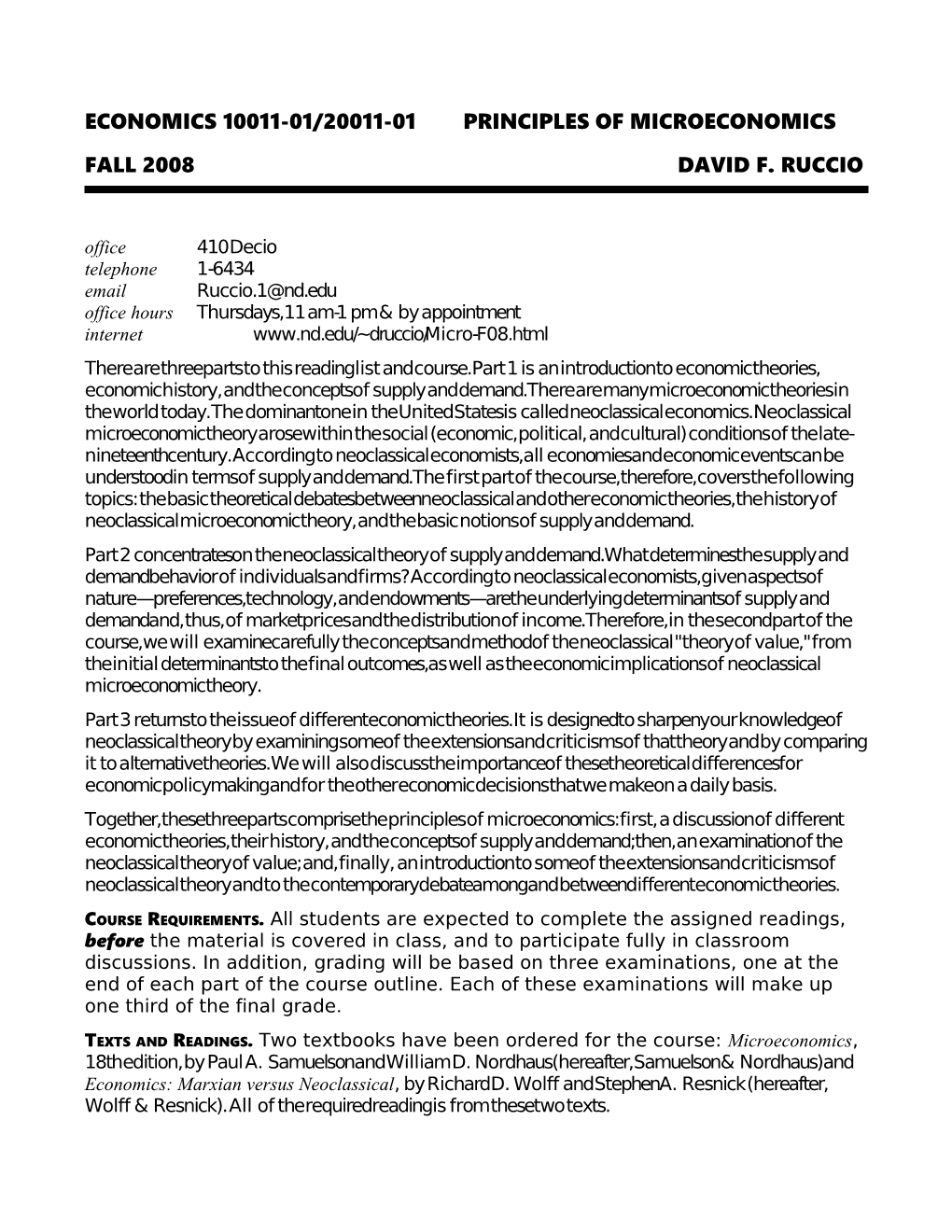 Economics 10011-01/20011-01 Principles of Microeconomics