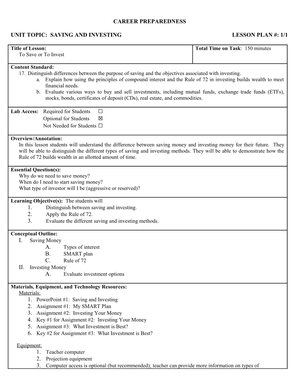 Unit Topic: Saving and Investinglesson Plan #:1/1